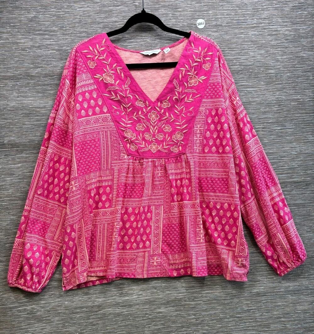 Canyon Retreat Blouse Womens 2X Pink Embroidered V Neck Tunic Top Boho